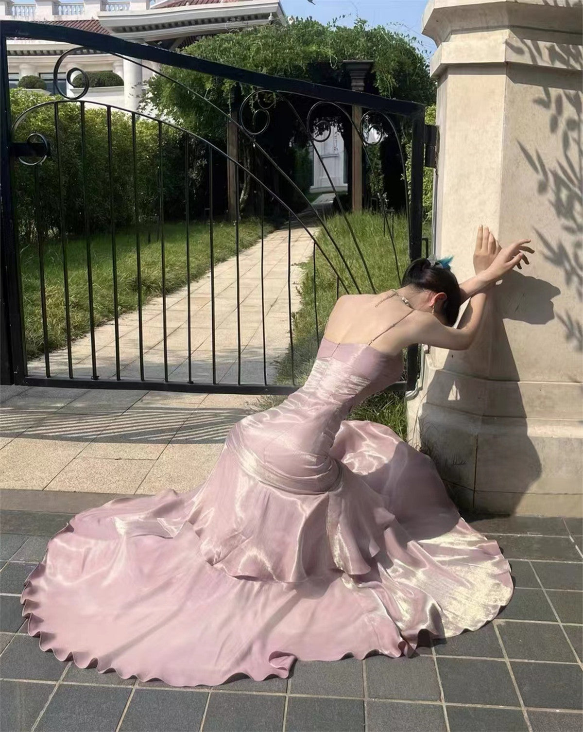 Pink Satin Mermaid Straps Long Formal Dresses, Pink Floor Length Formal Prom Dresses Secondary image