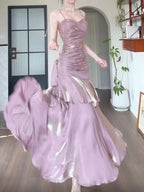 Pink Satin Mermaid Straps Long Formal Dresses, Pink Floor Length Formal Prom Dresses