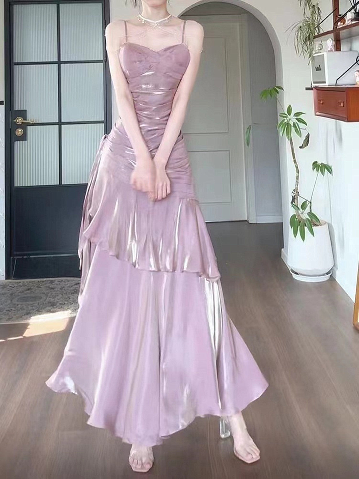 Pink Satin Mermaid Straps Long Formal Dresses, Pink Floor Length Formal Prom Dresses