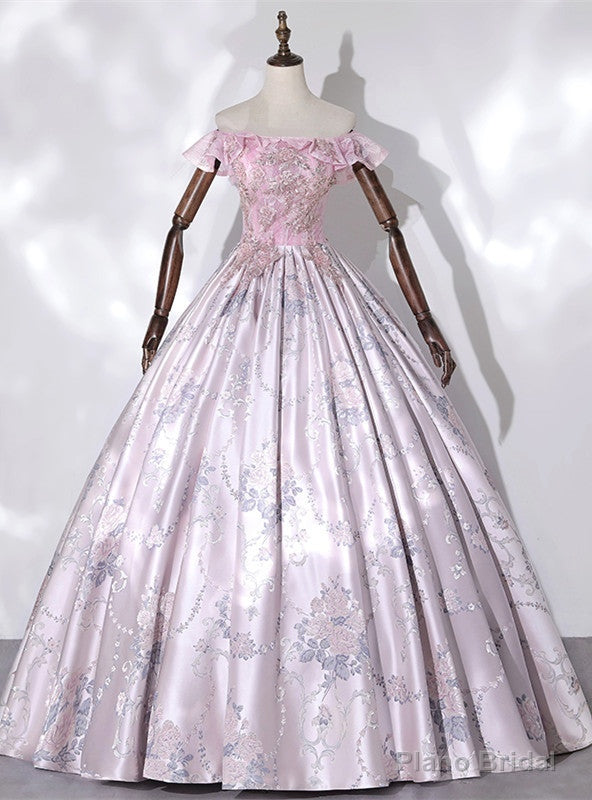 Pink Satin Off the Shoulder Appliques Quinceanera Dress Main image