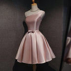 Pink Satin One Shoulder Homecoming Dresses, Knee Length Formal Prom Dresses