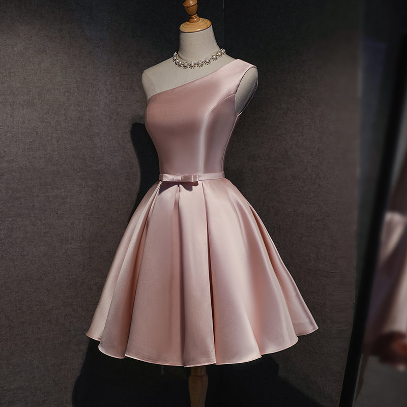Pink Satin One Shoulder Homecoming Dresses, Knee Length Formal Prom Dresses