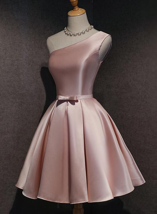 Pink Satin One Shoulder Homecoming Dresses, Knee Length Formal Prom Dresses Main image