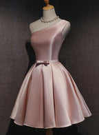 Pink Satin One Shoulder Homecoming Dresses, Knee Length Formal Prom Dresses