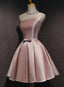 Pink Satin One Shoulder Homecoming Dresses, Knee Length Formal Prom Dresses