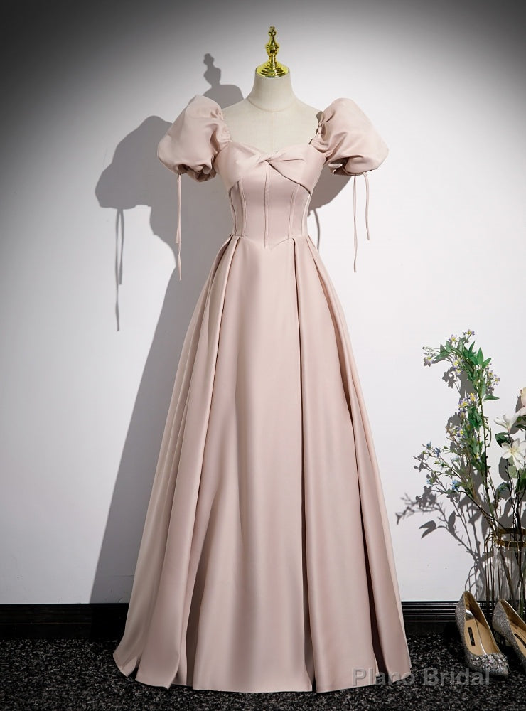 Pink Satin Puff Sleeve Prom Dress Main image
