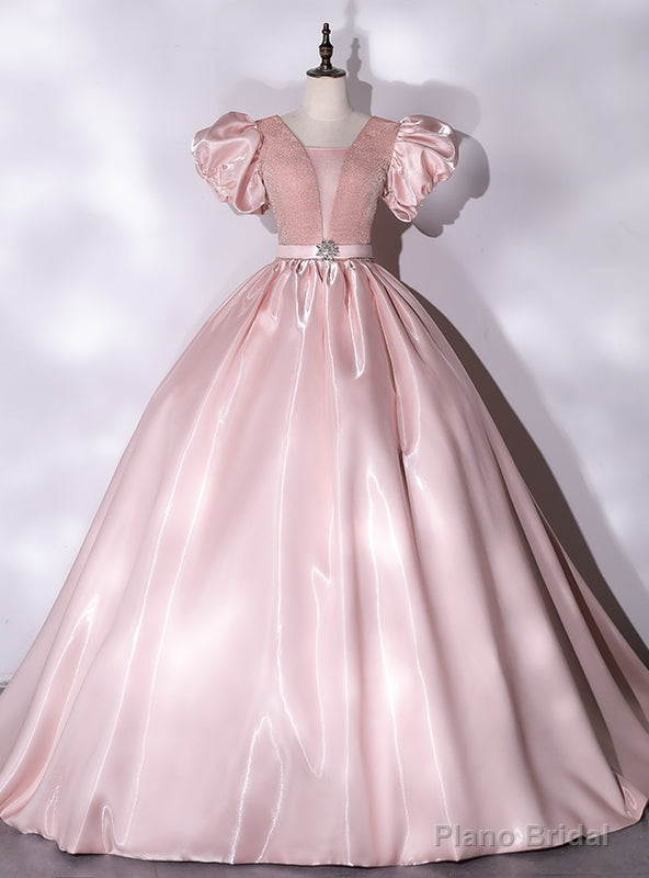 Pink Satin Puff Sleeve Quinceanera Dress Main image