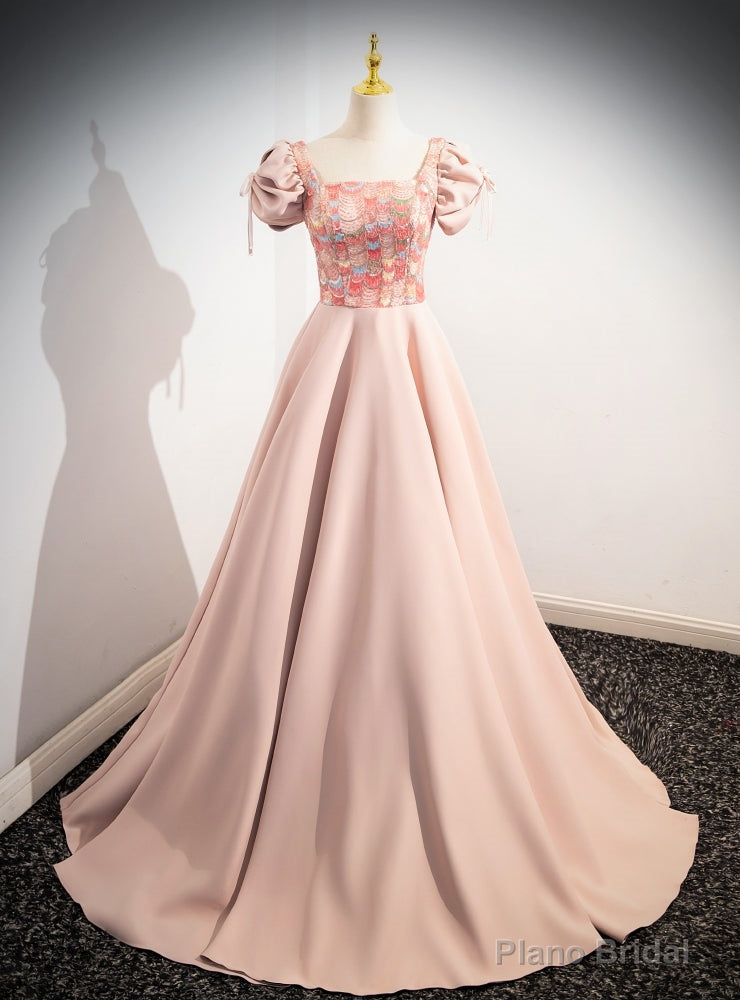 Pink Satin Sequins Puff Sleeve Prom Dress Main image