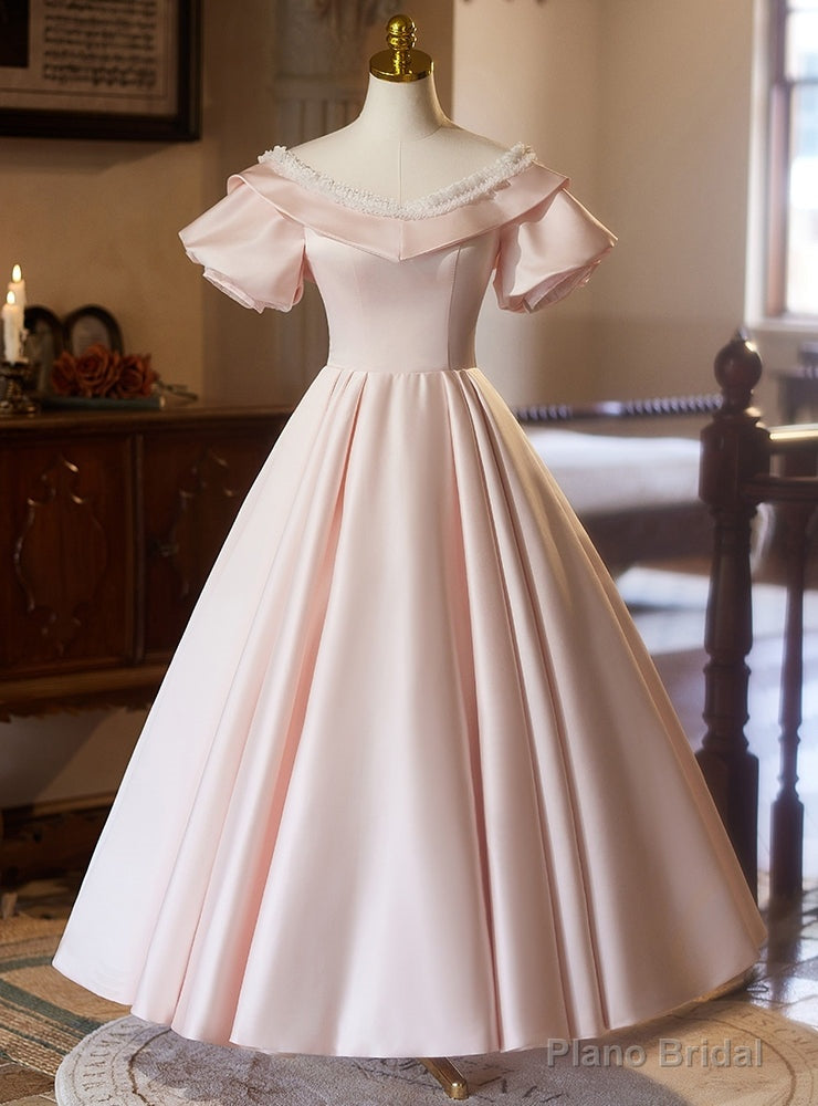 Pink Satin Short Sleeve V-neck Prom Dress Main image