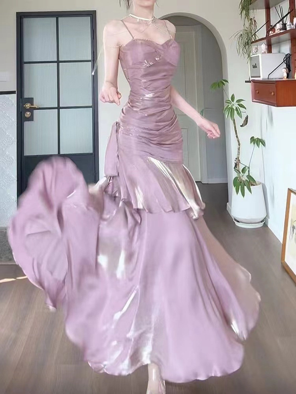 Pink Satin Straps Long Party Dresses, Pink Satin Chic Formal Prom Dresses Formal Evening Dresses