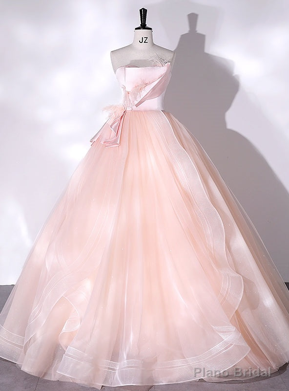 Pink Satin Tulle Strapless Feather Quinceanera Dress Main image