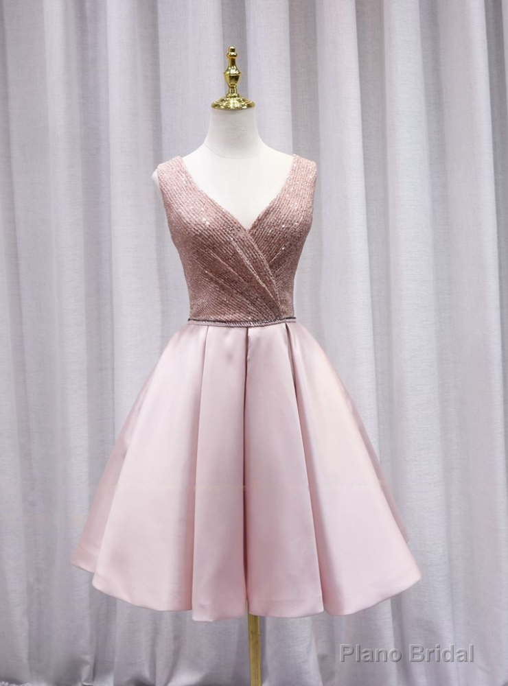 Pink Satin V-neck Pleats Homecoming Dress Main image