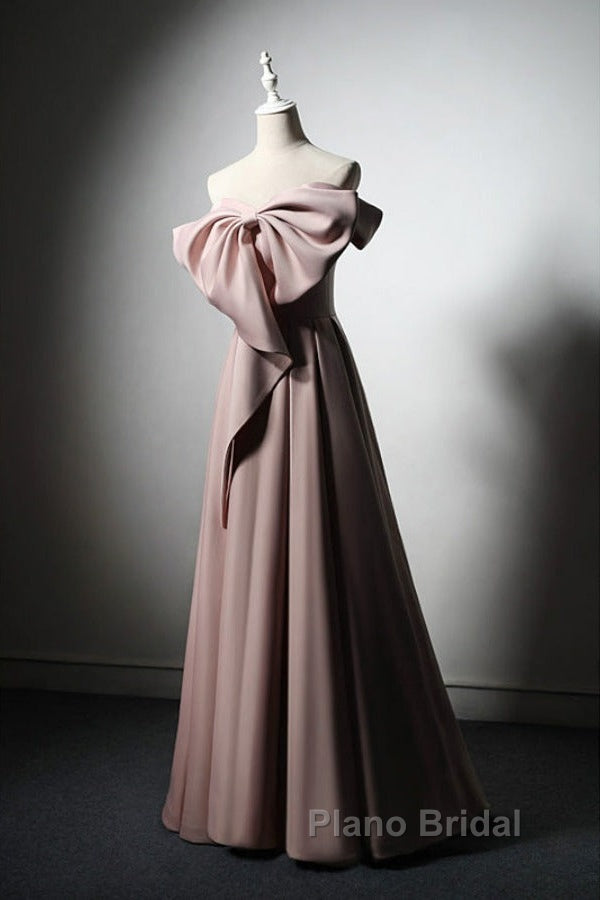 Pink Satin With Bow A-Line Long Formal Prom Dresses, Pink Satin Formal Dresses Party Dresses Secondary image