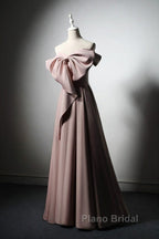 Pink Satin With Bow A-Line Long Formal Prom Dresses, Pink Satin Formal Dresses Party Dresses