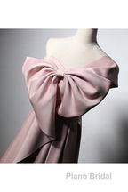 Pink Satin With Bow A-Line Long Formal Prom Dresses, Pink Satin Formal Dresses Party Dresses