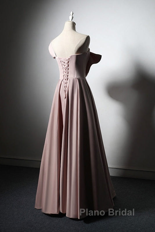 Pink Satin With Bow A-Line Long Formal Prom Dresses, Pink Satin Formal Dresses Party Dresses