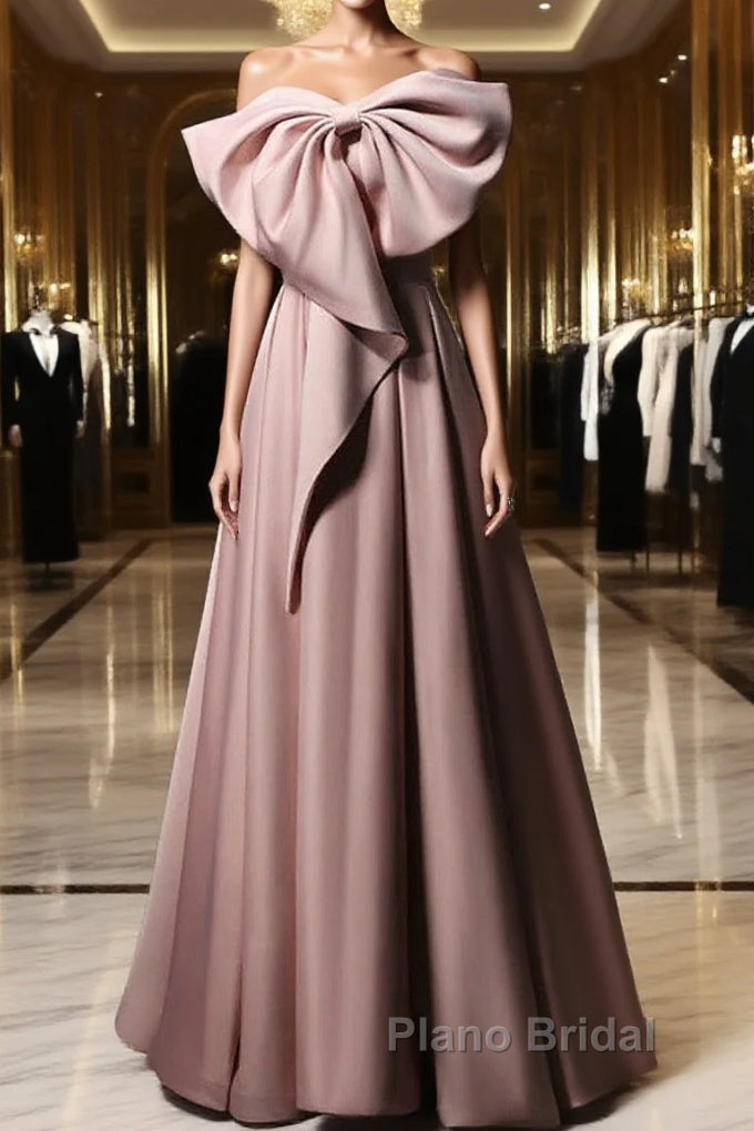 Pink Satin With Bow A-Line Long Formal Prom Dresses, Pink Satin Formal Dresses Party Dresses Main image