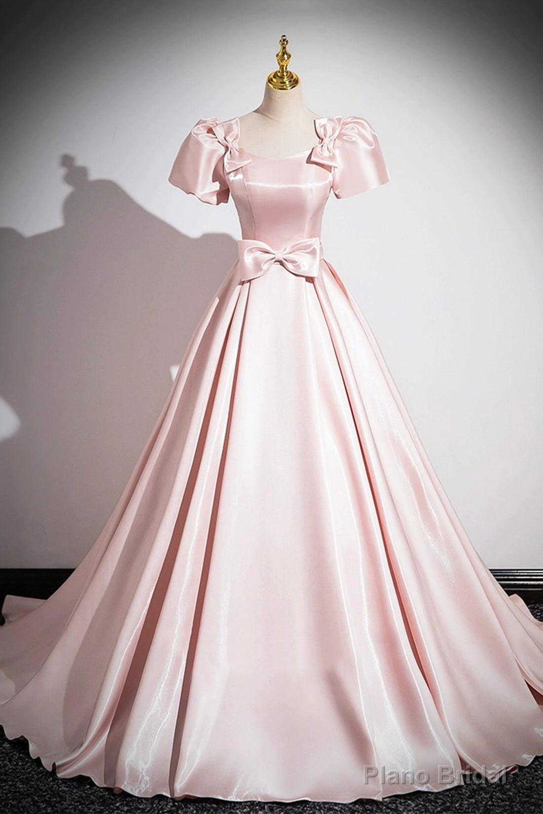 Pink Scoop Neckline Satin Floor Length Prom Dress, Pink Short Sleeve A-Line Party Dress Main image