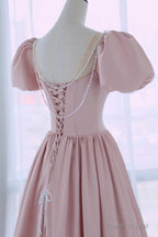 Pink Scoop Neckline Satin Prom Dress, Pink Floor Length Party Dress