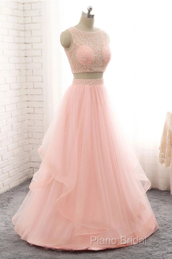 Pink See Through Tulle Beading Strapless Two Piece Formal Prom Dresses