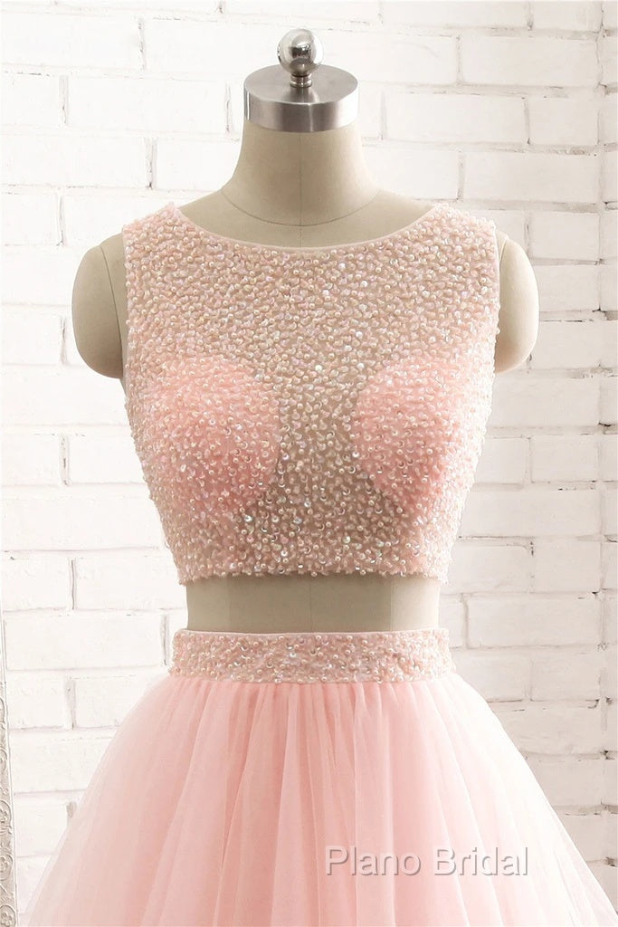 Pink See Through Tulle Beading Strapless Two Piece Formal Prom Dresses