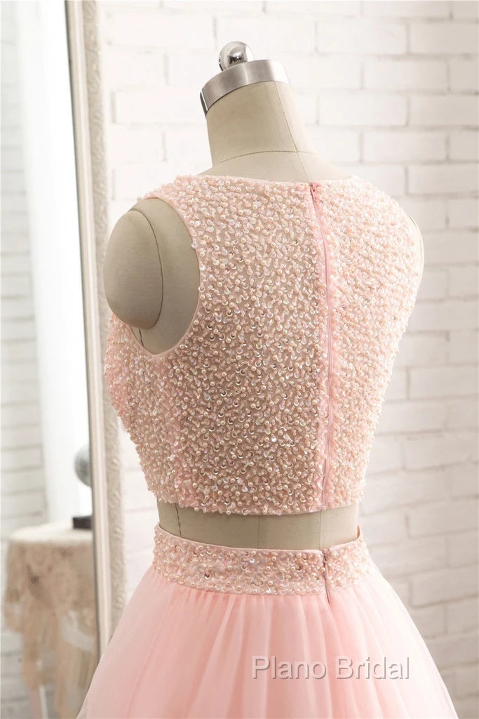 Pink See Through Tulle Beading Strapless Two Piece Formal Prom Dresses