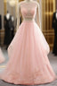 Pink See Through Tulle Beading Strapless Two Piece Formal Prom Dresses