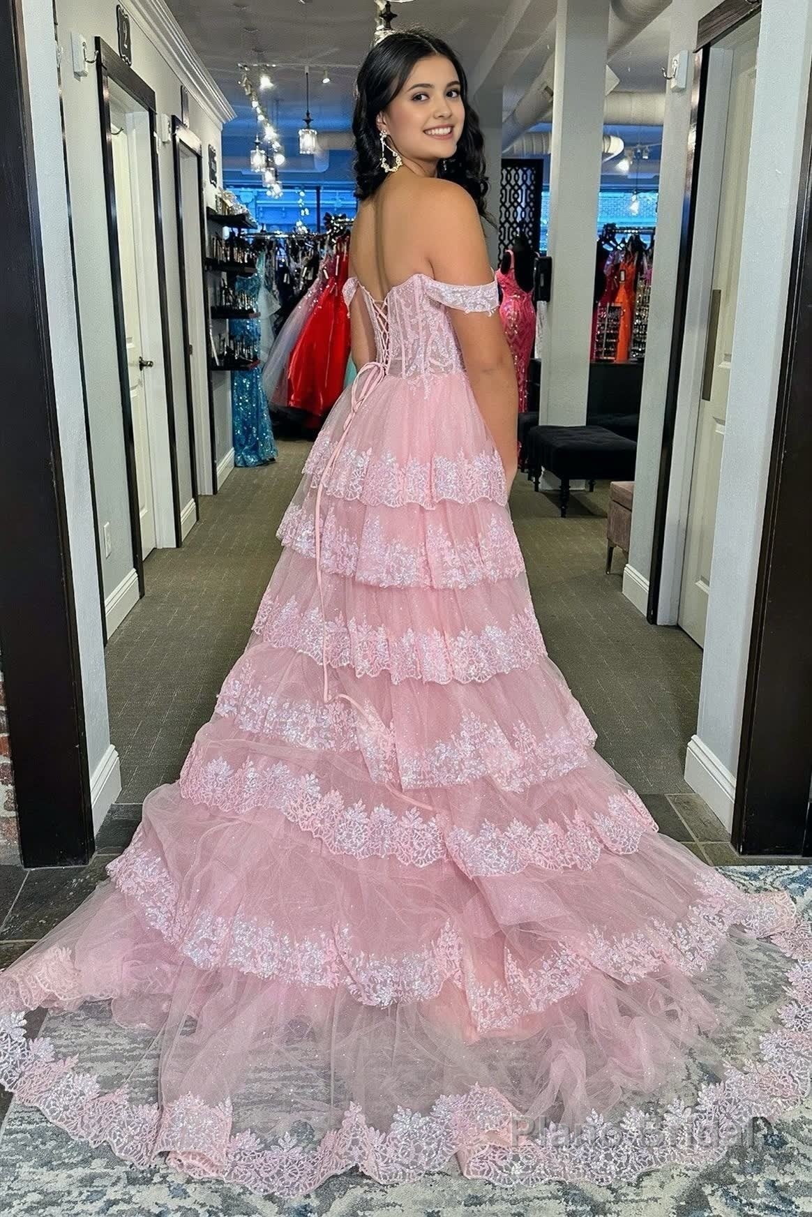 Pink Sequin Appliques Off-the-Shoulder Ruffle Tiered Long Gown Secondary image