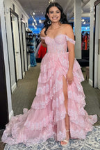 Pink Sequin Appliques Off-the-Shoulder Ruffle Tiered Long Gown