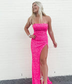 Pink Sequin Long Formal Prom Dresses Strapless Mermaid Formal Evening Party Gown