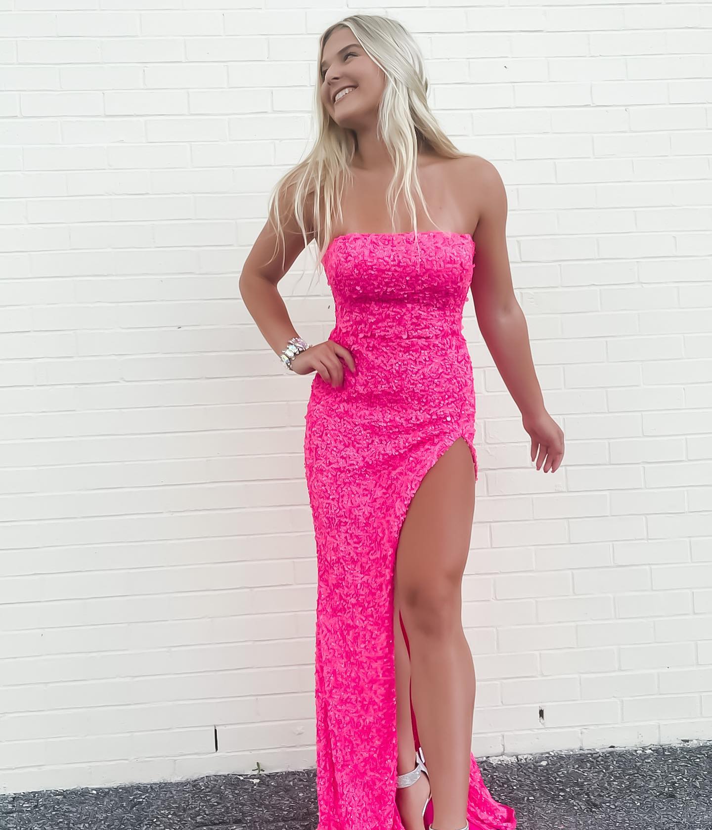 Pink Sequin Long Formal Prom Dresses Strapless Mermaid Formal Evening Party Gown