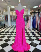 Pink Sequin Long Formal Prom Dresses Spaghetti Straps Formal Evening Party Gown