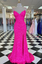 Pink Sequin Long Formal Prom Dresses Spaghetti Straps Formal Evening Party Gown