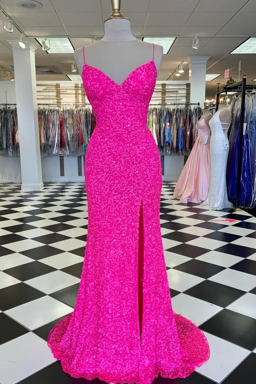 Pink Sequin Long Formal Prom Dresses Spaghetti Straps Formal Evening Party Gown