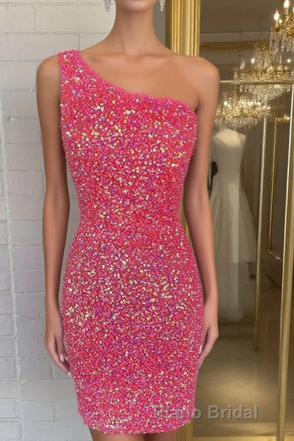 Pink Sequin One Shoulder Cutout Homecoming Dresses Gala Dresses Short