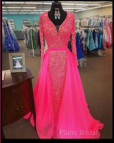 Pink Sequin Formal Prom Dresses Long Sleeves V Neck Formal Gowns With Train Secondary image