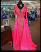 Pink Sequin Formal Prom Dresses Long Sleeves V Neck Formal Gowns With Train