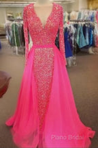 Pink Sequin Formal Prom Dresses Long Sleeves V Neck Formal Gowns With Train