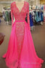 Pink Sequin Formal Prom Dresses Long Sleeves V Neck Formal Gowns With Train