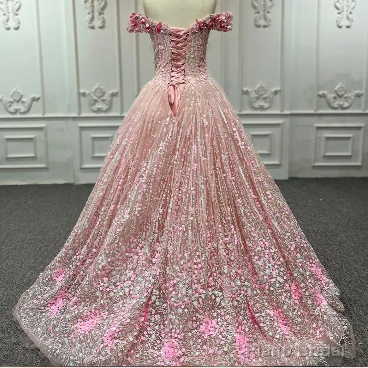 Pink Sequined Off the Shoulder Quinceaera Dress