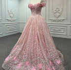 Pink Sequined Off the Shoulder Quinceaera Dress