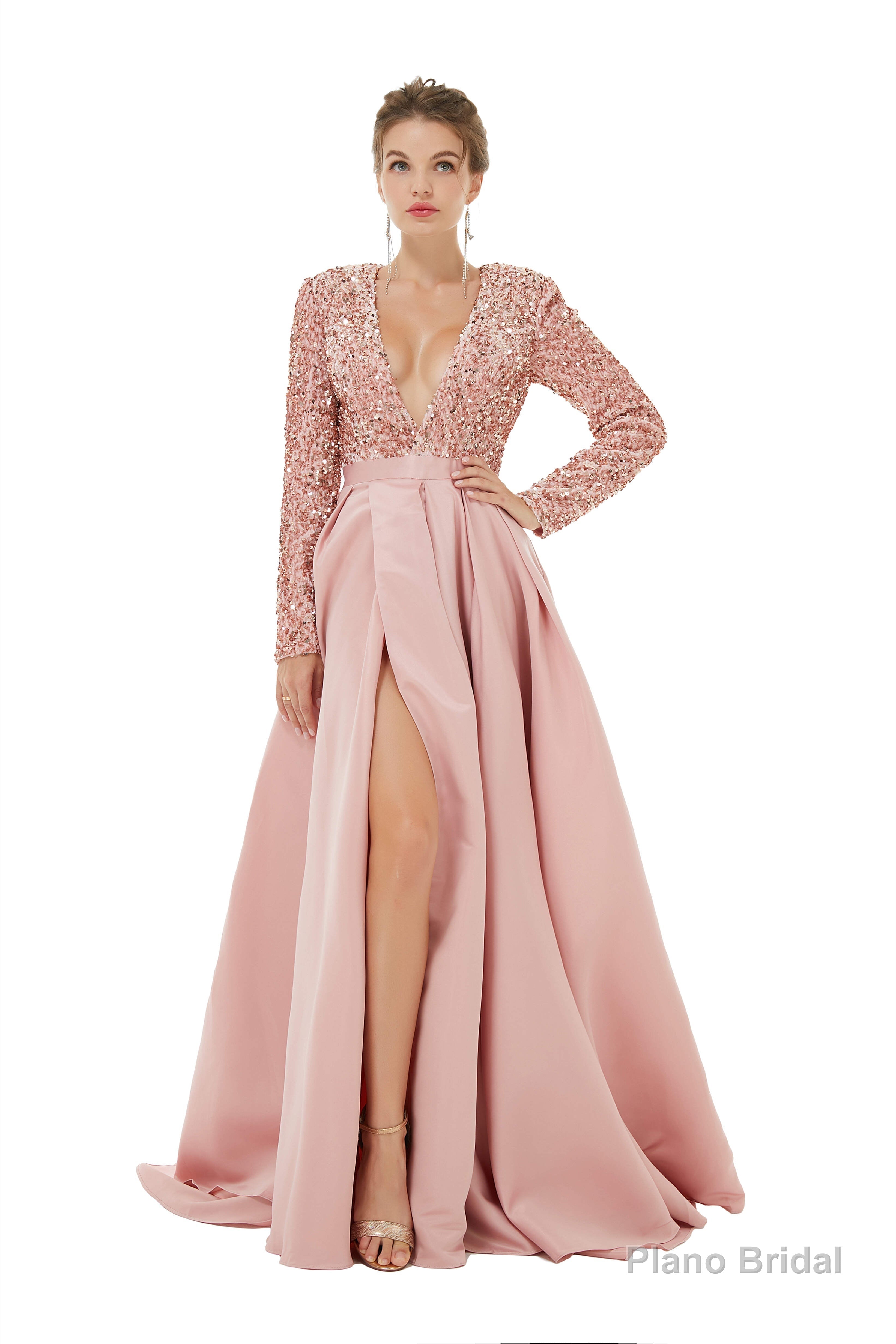 Sequined Satin A Line Front Slit V Neck Full Sleeve Sweep Train Long Prom Dresses