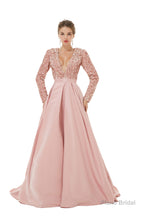 Sequined Satin A Line Front Slit V Neck Full Sleeve Sweep Train Long Prom Dresses