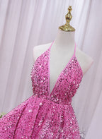 Pink Sequins Halter Backless Short Homecoming Dresses, Pink Short Formal Prom Dresses
