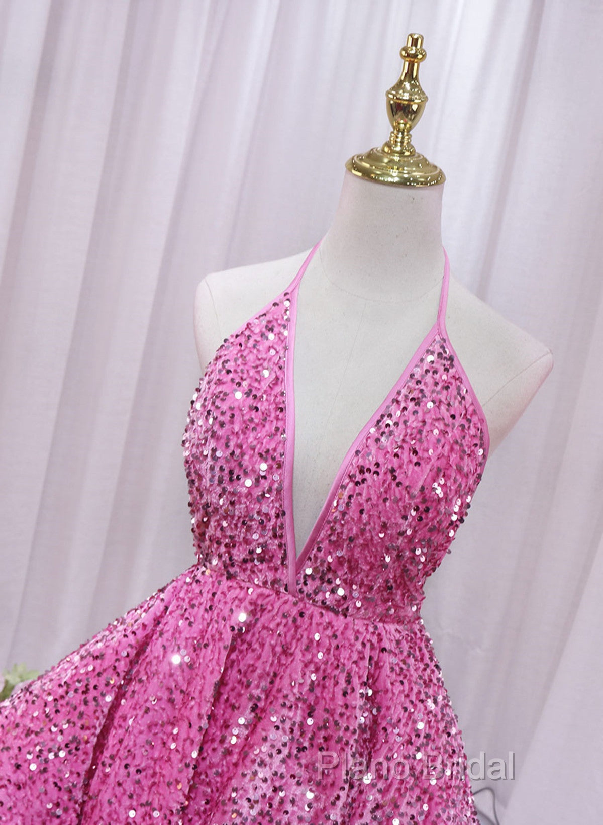 Pink Sequins Halter Backless Short Homecoming Dresses, Pink Short Formal Prom Dresses