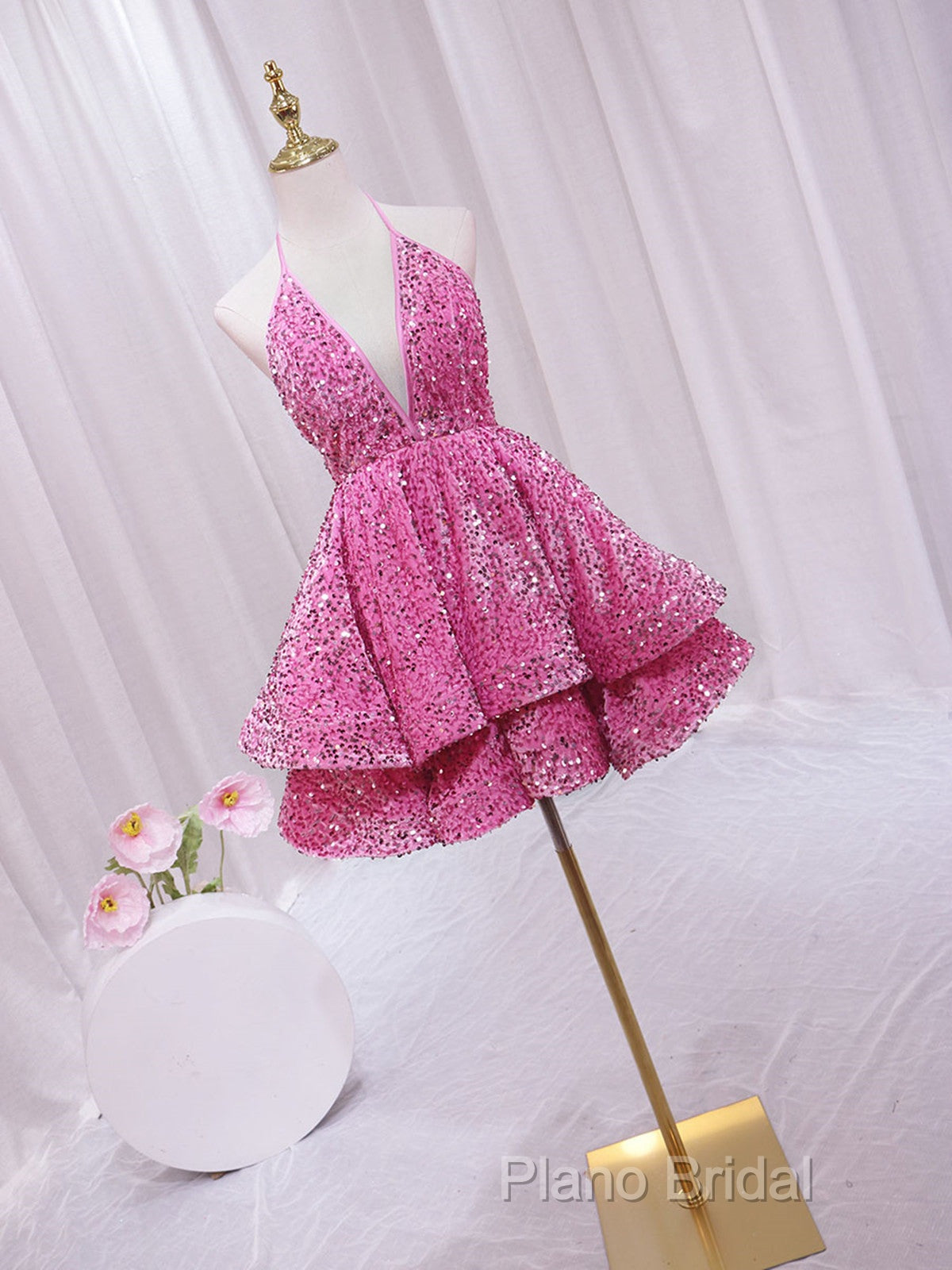 Pink Sequins Halter Backless Short Homecoming Dresses, Pink Short Formal Prom Dresses