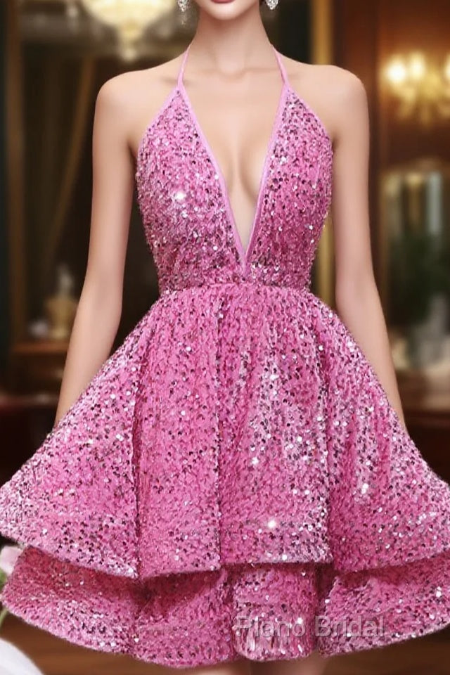 Pink Sequins Halter Backless Short Homecoming Dresses, Pink Short Formal Prom Dresses