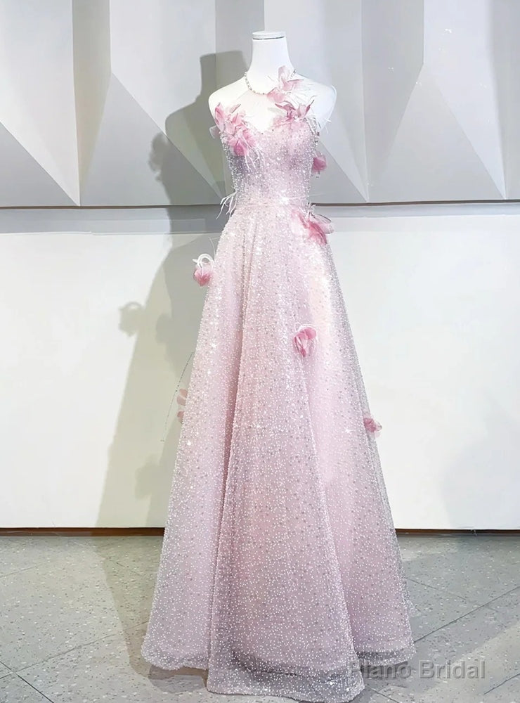 Pink Sequins Halter Flower Prom Dress Main image