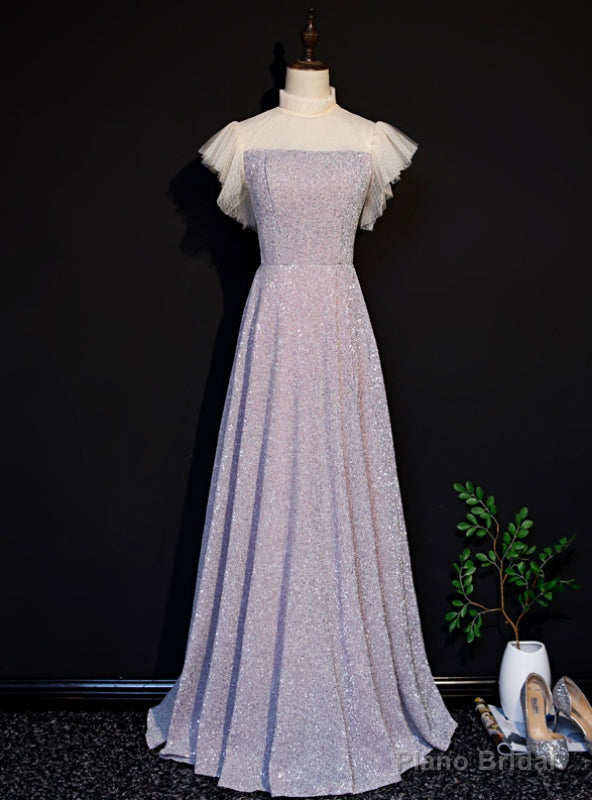 Pink Sequins High Neck Short Sleeve Prom Dress