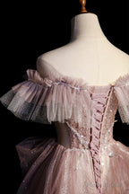 Pink Sequins Long A-Line Prom Dress, Off the Shoulder Evening Party Dress